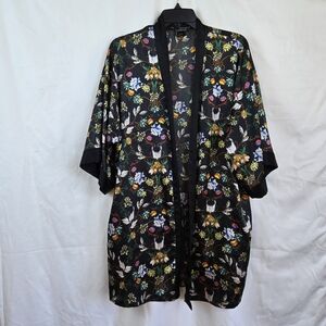 Victoria's Secret Black Colorful Floral Satin 3/4 Sleeve Kimono Robe Med/Lar Vtg